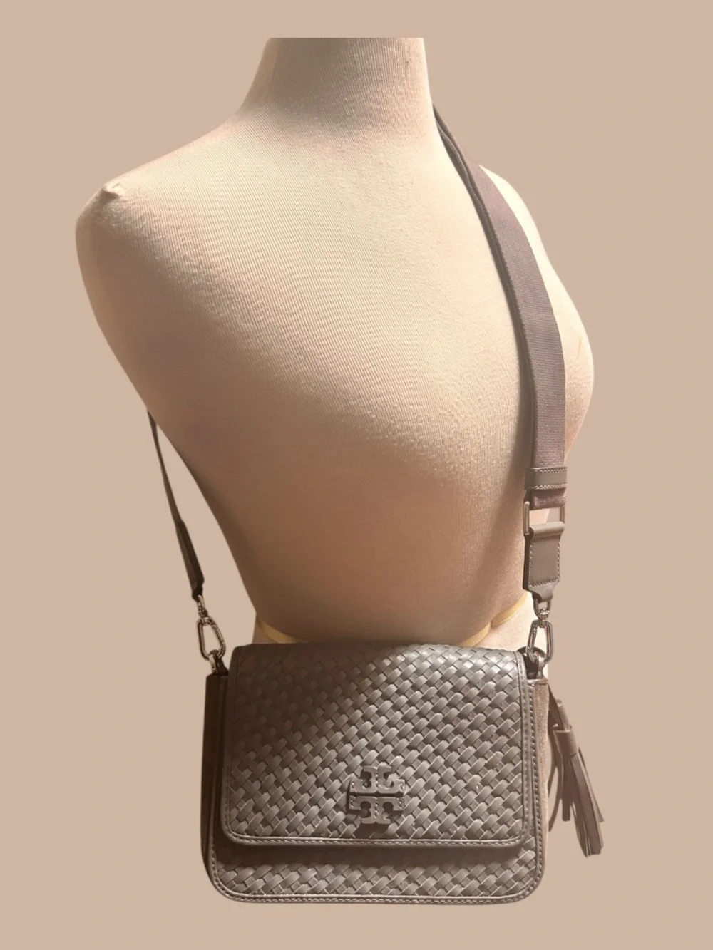 Rare Tory Burch Thea Woven Web Flap Zinc Leather Cross Body Bag Gray, EUC